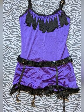 Forplay Purple Chemise with Black Fringe & Sequin Garter Accents